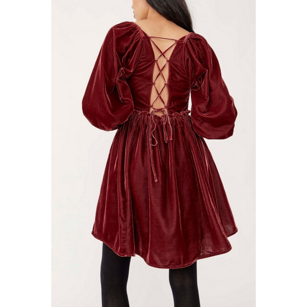 Velvet Smocked Mini Dress - Burgundy - Picture 2 of 16